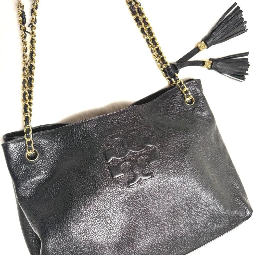Tory Burch Thea Chain Slouchy Shoulder Bag $495 black/gold logo tassels divided